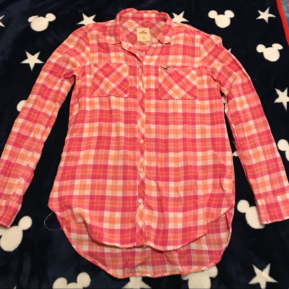 Hollister Pink & Orange Plaid Button Down Shirt